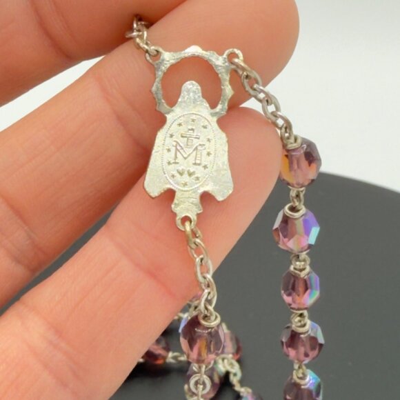 Vintage Amethyst Purple Aurora Borealis Crystal Rosary Beads Catholic Mary - Picture 8 of 12